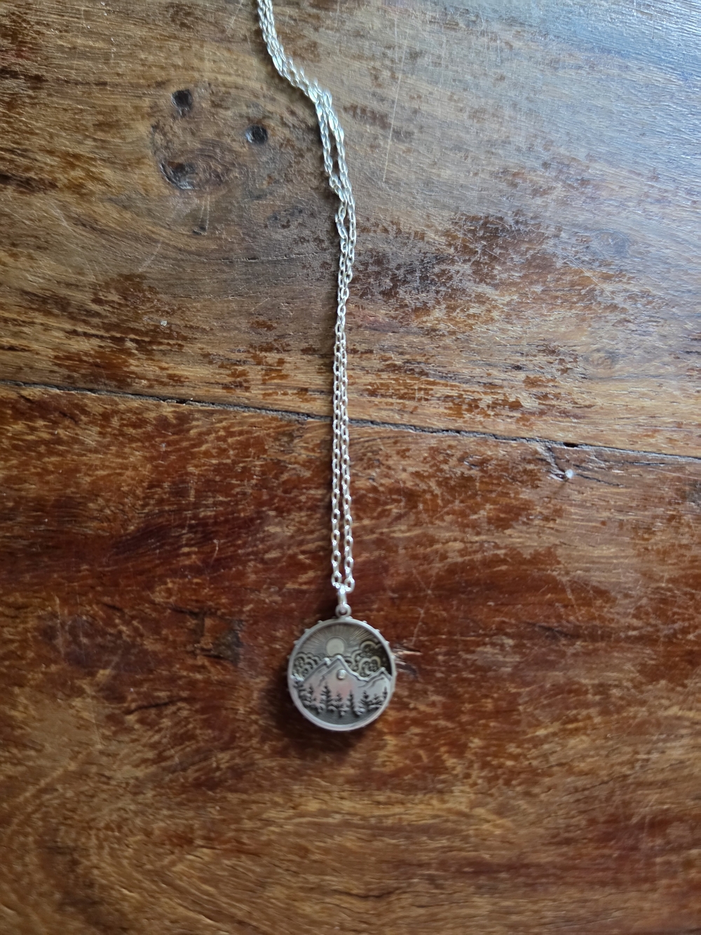 Bearded Jewler: Sterling Silver Mountain Scene Rotating Pendant Necklace